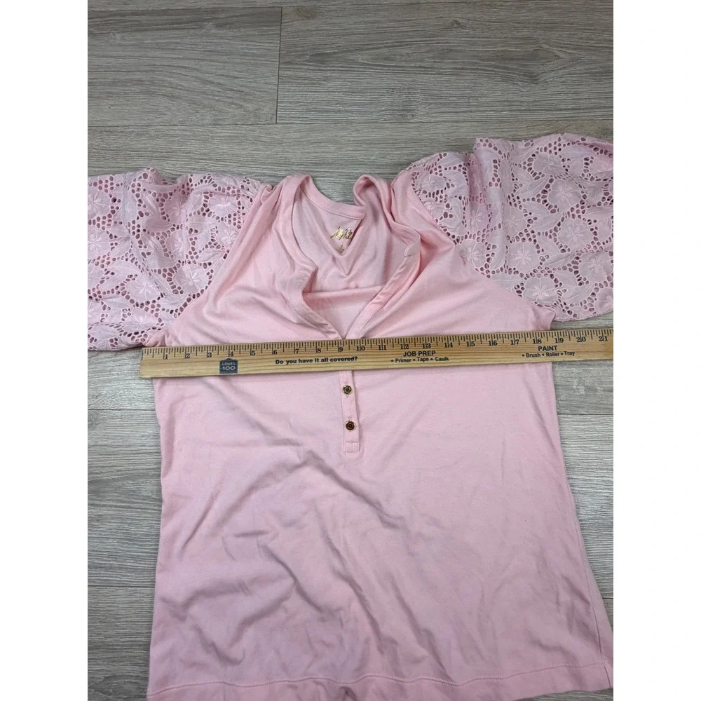 Lilly Pulitzer Etta V-Neck Top Pink Eyelet Lace Puff Sleeve Knit Shirt Large